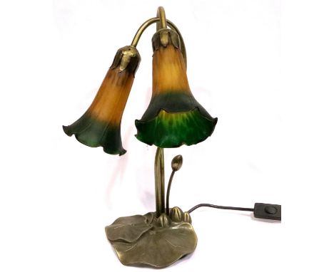 Tiffany type Lily design two sconce table lamp, H: 40 cm. All electrical items in this lot have been PAT tested for safety an