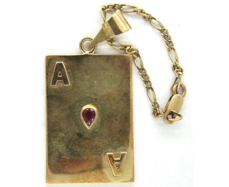 14ct gold Ace of Hearts pendant set with a central ruby, H: 30 mm, 10.8g. P&amp;P Group 1 (£14+VAT for the first lot and £1+V