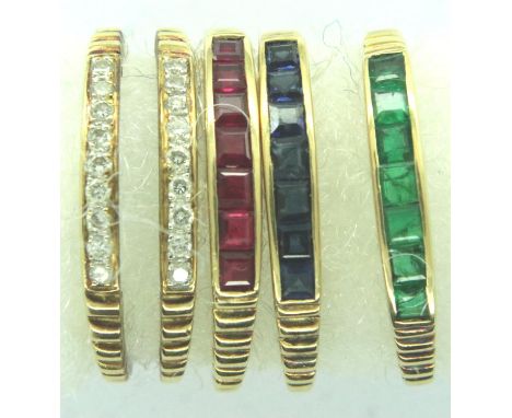 18ct gold diamond set double outer band with interchangeable ruby, sapphire and emerald bands, size N/O, combined 10.0g. P&am