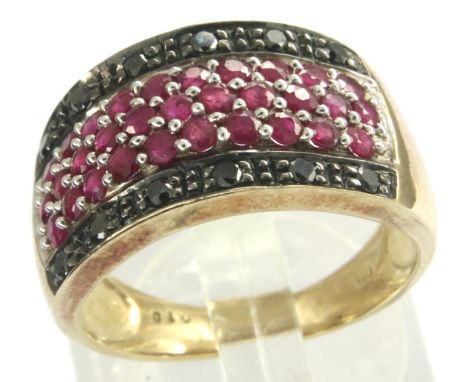 9ct gold ruby and black diamond ring, size P, 4.9g. P&amp;P Group 1 (£14+VAT for the first lot and £1+VAT for subsequent lots
