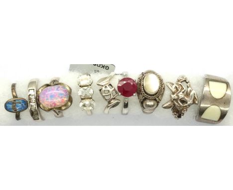 Nine mainly stone set silver rings, mixed sizes. P&amp;P Group 1 (£14+VAT for the first lot and £1+VAT for subsequent lots) 