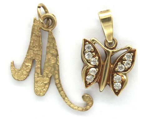 9ct gold butterfly pendant and a letter M pendant, combined 1.9g. P&amp;P Group 1 (£14+VAT for the first lot and £1+VAT for s