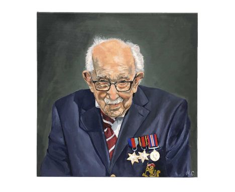 Natalie Cass Portrait of Sir Captain Tom oil on canvas 41 x 41cm This lot is not sold with copyright.