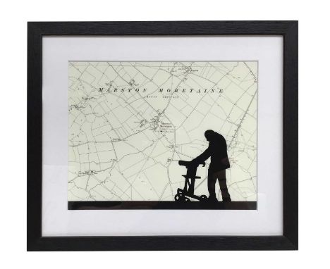 Silhouette portrait of Sir Captain Tom laid over a map 20 x 25cm This lot is not sold with copyright.