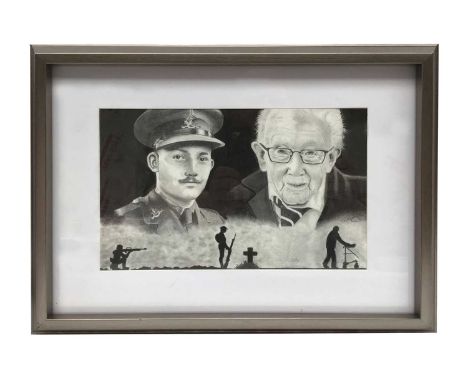 Double Army portrait of Sir Captain Tom indistinctly signed 'Vinnie?', pencil 19 x 20cm This lot is not sold with copyright.