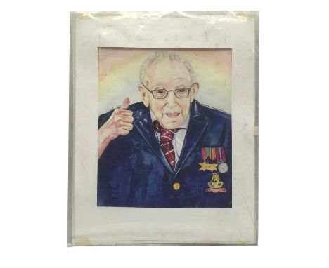L A Hos... Portrait of Captain Tom Moore watercolour 45 x 37cm, unframed This lot is not sold with copyright.