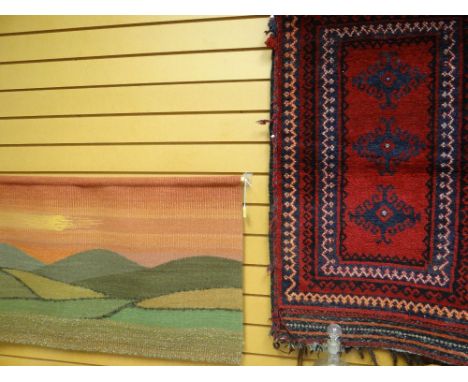 CAUCASIAN SADDLE BAG with button and bead tassel border, 66 x 107cms and a contemporary flat weave by Rutta Sinkkonen-Davies 