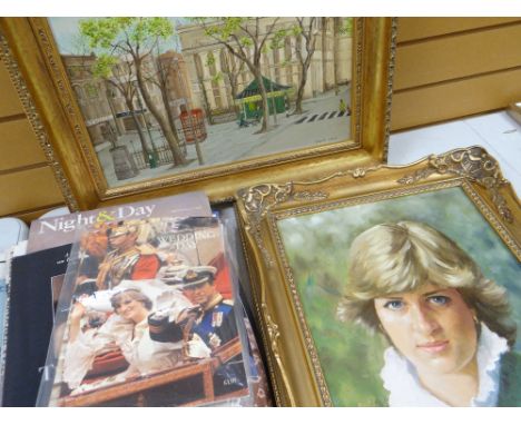 J H WHITTOW oil on board - portrait of Princess Diana, 44 x 34cms together with collection of ephemera and a view of the Haye