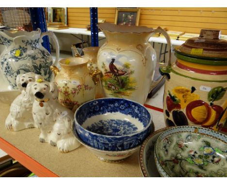 ASSORTED VICTORIAN POTTERY JUGS, Staffordshire jug and basin, salad bowls, pottery spaniels ETC