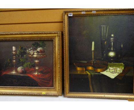 CONTINENTAL SCHOOL oils on canvas - still lifes of pewter flagon and violin, and brass candlestick with peach, largest 60 x 5
