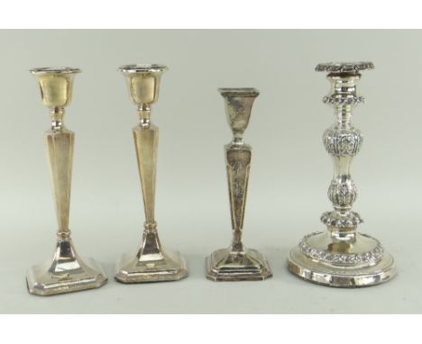 PAIR OF MATCHING SILVER CANDLESTICKS, an EPNS candlestick and another silver candlestick (4)