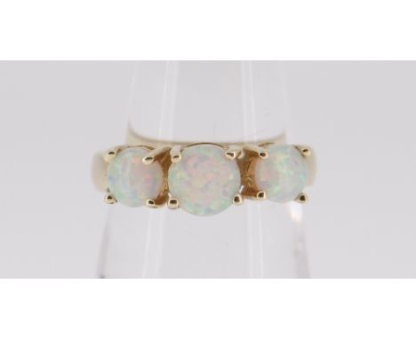 14CT GOLD THREE-STONE OPAL RING, 3.4gmsThe size is N/O