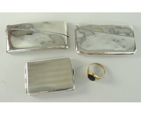 TWO EDWARDIAN PLAIN SILVER CARD CASES WITH HINGED LIDS, engraved monograms and engine turned vesta case and 9ct gold stone se