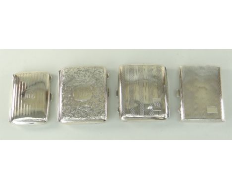 FOUR EARLY 20TH CENTURY CIGARETTE CASES one with foliate scrolled engraving, the others engine turned, engraved cartouches, 9