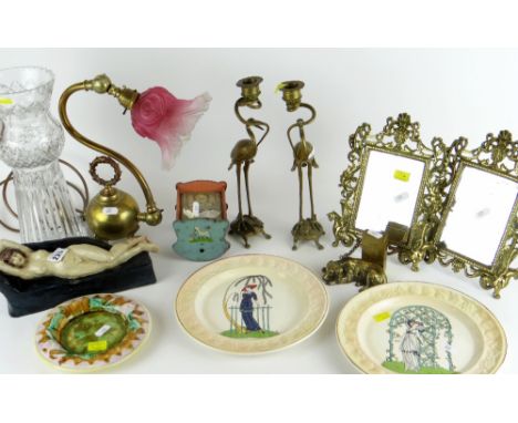 ASSORTED DECORATIVE CERAMICS, GLASS &amp; METALWARE including pair of Japanese crane and minogame candlesticks, pair of Renai