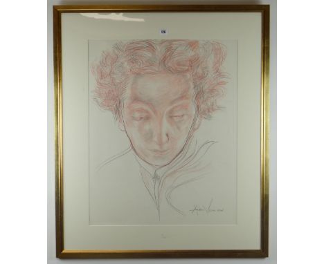 ANDREW VICARI mixed media with pencil - head and shoulders portrait of a young Dame Edith Evans, entitled verso on label with