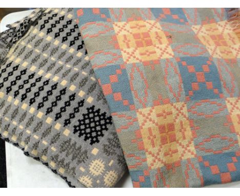 VINTAGE WELSH TAPESTRY BLANKET woven in charcoal, cream and grey wool and another in peach (2) Condition Report: holes to bor