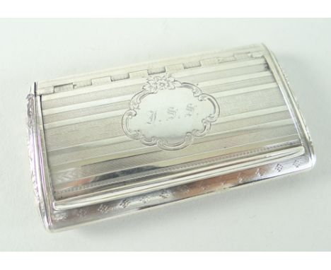 EARLY VICTORIAN SILVER SNUFF BOX, Birmingham 1853 by Cronin &amp; Wheeler, flush hinged lid with engraved cartouche, 9cms wid