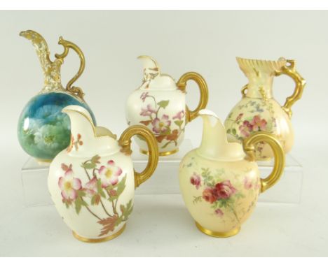 ASSORTED ROYAL WORCESTER No.1094 &amp; LOBED SHAPED CABINET JUGS together with Royal Doulton example, painted by E. Piper (5)