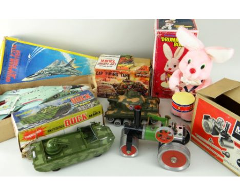 MAMOD STEAM ENGINE, boxed GD Grumman FIIIA jet fighter, Marx cap, firing tank, drumming bunny, Marx Amphibious duck