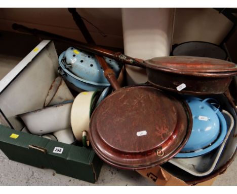 ASSORTED ENAMEL KITCHEN WARE &amp; TWO VICTORIAN WARMING PANS