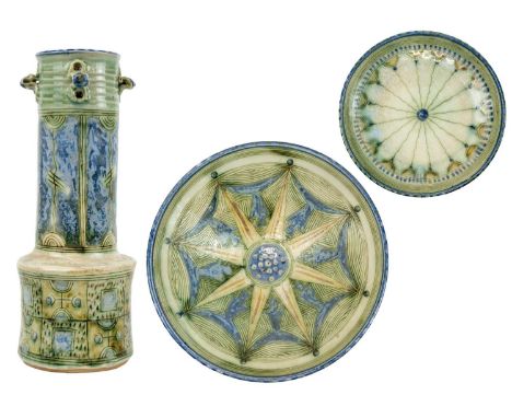 Roeluf Uys (1971)  A stoneware cylindrical vase in celadon and blue glazes, signed and dated 2000, height 37cm, together with