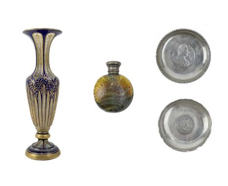 A cobalt blue and gilt Bohemian glass vase.   Height 22cm, together with a small glass perfume bottle, a sterling silver dish