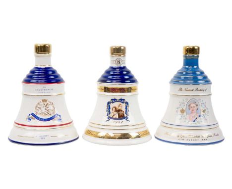 Three Commemorative Royal decanters of Bell's Scotch Whisky Including a 50th Golden Wedding Anniversary 1997, 90th Birthday o