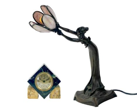 An Art Deco marble alarm clock with Brevete movement. Height 11.5cm together with an Art Nouveau style cold cast figural tabl