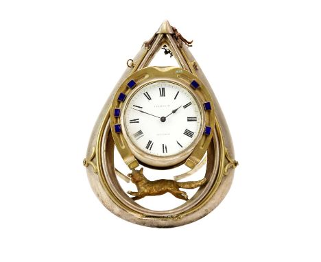 A Victorian silver plated and gilt hunting related strut timepiece. Retailed by Furber &amp; Son, Cheltenham, the circular en