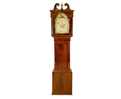 A 19th century mahogany longcase clock with eight day movement. The painted arch dial decorated with a hunter, height 215cm w