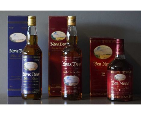 Two 70cl bottles of Nevis Dew Scotch whisky and one other Nevis Dew Special Reserve, 70cl 40%vol; Nevis Dew Blue Label, 70cl,