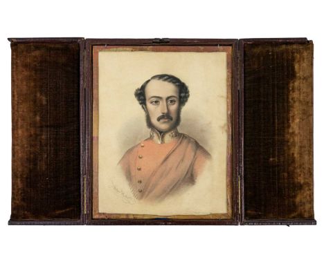 A 19th century English School portrait. Purportedly of Captain Herbert Edward George Crosse, watercolour, signed, paper label
