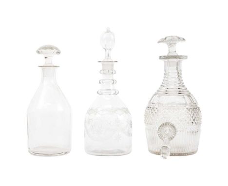 A George III style triple ring neck glass decanter and a stopper. Engraved with initials and swags, height 28cm, together wit