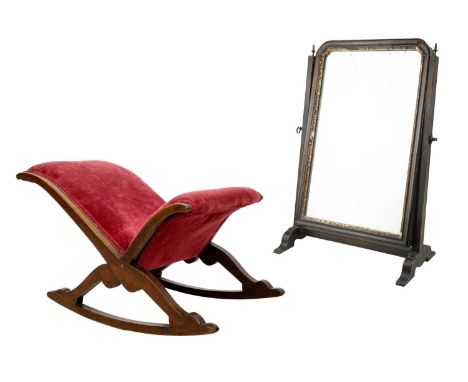 A Queen Anne style walnut swing dressing table mirror. 19th century, with moulded gilt slip and angled supports, height 50cm,