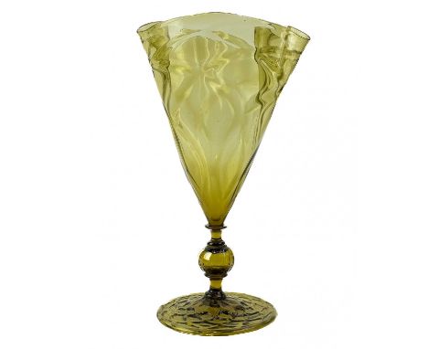 A late 19th century James Powell & Sons (Whitefriars) Venetian style fan-shaped glass vase .  With 'thrown' wavy rim. Designe