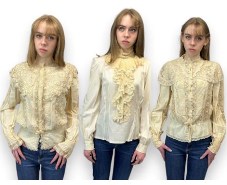 Three bespoke -made quality Edwardian style cream silk blouses with fine intricate lace details. Fit UK 10-12Condition Report