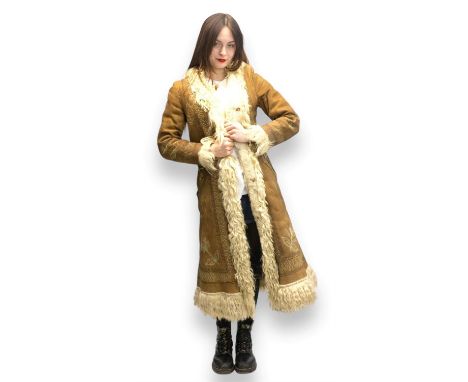 A vintage 1971 ladies tan hippy goatskin suede AFGAHN festival coat with traditional embroidery. (Not smelly!) Fits size UK 6
