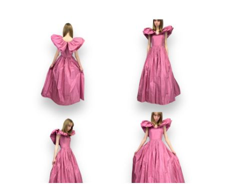 A BELVILLE SASSOON original late1970s rose-pink silk taffeta full length ballgown/ prom dress with elaborate puffed sleeves, 