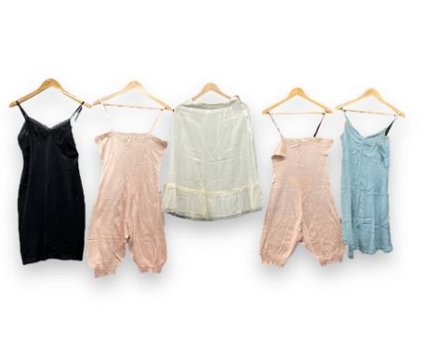 A collection of five fine HARRODS lingerie items. Two original 1930s-40s fine quality salmon-pink tricot-silk and one baby-bl
