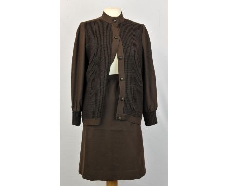 CHRISTIAN DIOR London mid 1970s original chocolate brown winter two-piece skirt suit in wool with chunky knitted front and ba