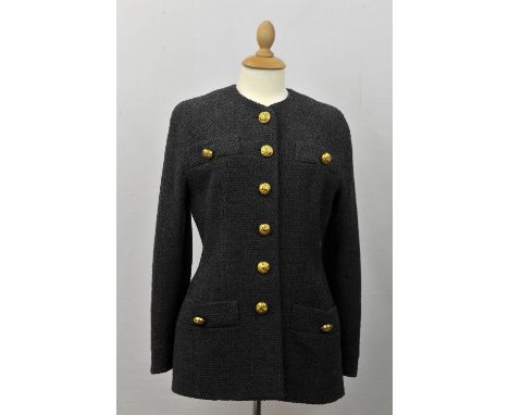 CELINE "Naja" grey wool boxy style jacket with signature brass buttons. Round neck breast and hip pockets. UK12Condition Repo