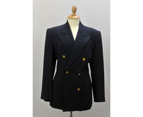 Two items. A ladies navy CELINE double-breasted blazer with brass buttons fits UK10-12 and a ladies ANNA SCHOLTZ silver linen