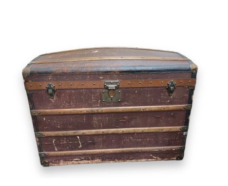 Rare large French domed wooden MOYNAT Steamer travel Trunk c1909 monogrammed N.A with original brass fittings and classic gre