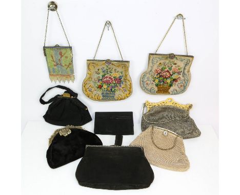 A collection of nine antique and vintage ladies evening, cocktail and tango bags dating from 1920s-1960s. Chinese style silve