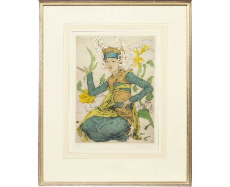* ELYSE ASHE LORD (BRITISH 1900 - 1971), YOUNG BURMESE DANCER limited edition hand coloured etching, signed and numbered 18/7