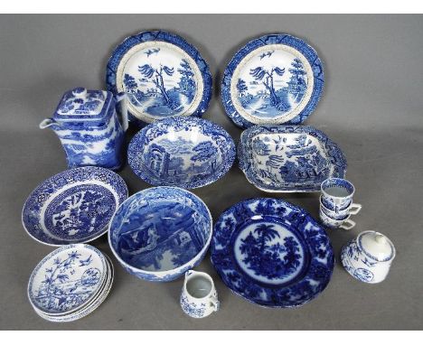 A collection of blue and white ceramics to include Spode Italian, Booths, a Ringtons Tea Merchants square section teapot Edge