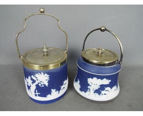 Two Adams jasperware biscuit barrels, each decorated with a hunting scene. [2]