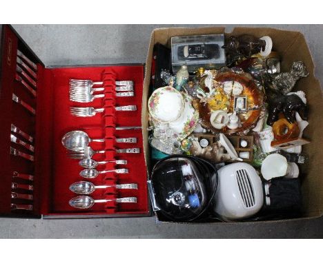 Lot to include ceramics, glassware, diecast cars, table lamp, enamel trinket boxes and a canteen of cutlery (incomplete). [2]