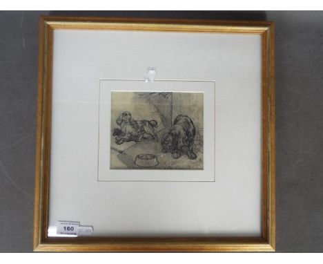 A framed print after Charles Tunnicliffe, depicting two dogs, mounted and framed under glass, approximately 12 cm x 15 cm, st